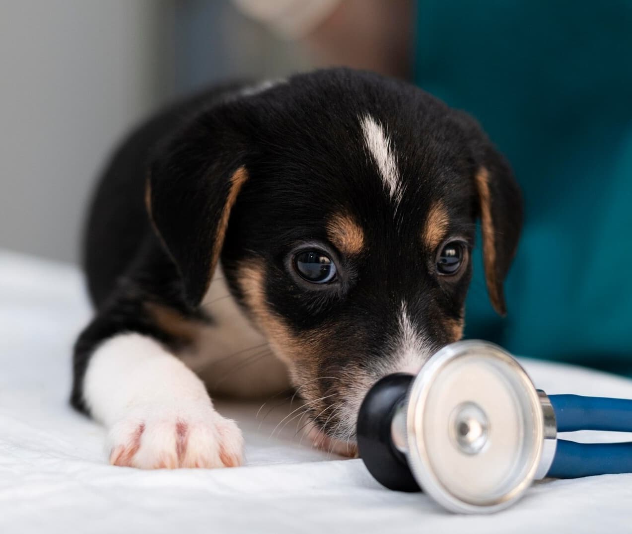 Sick pet puppy sitting looking at pet parent